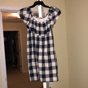 Navy and cream off the shoulder gingham dress